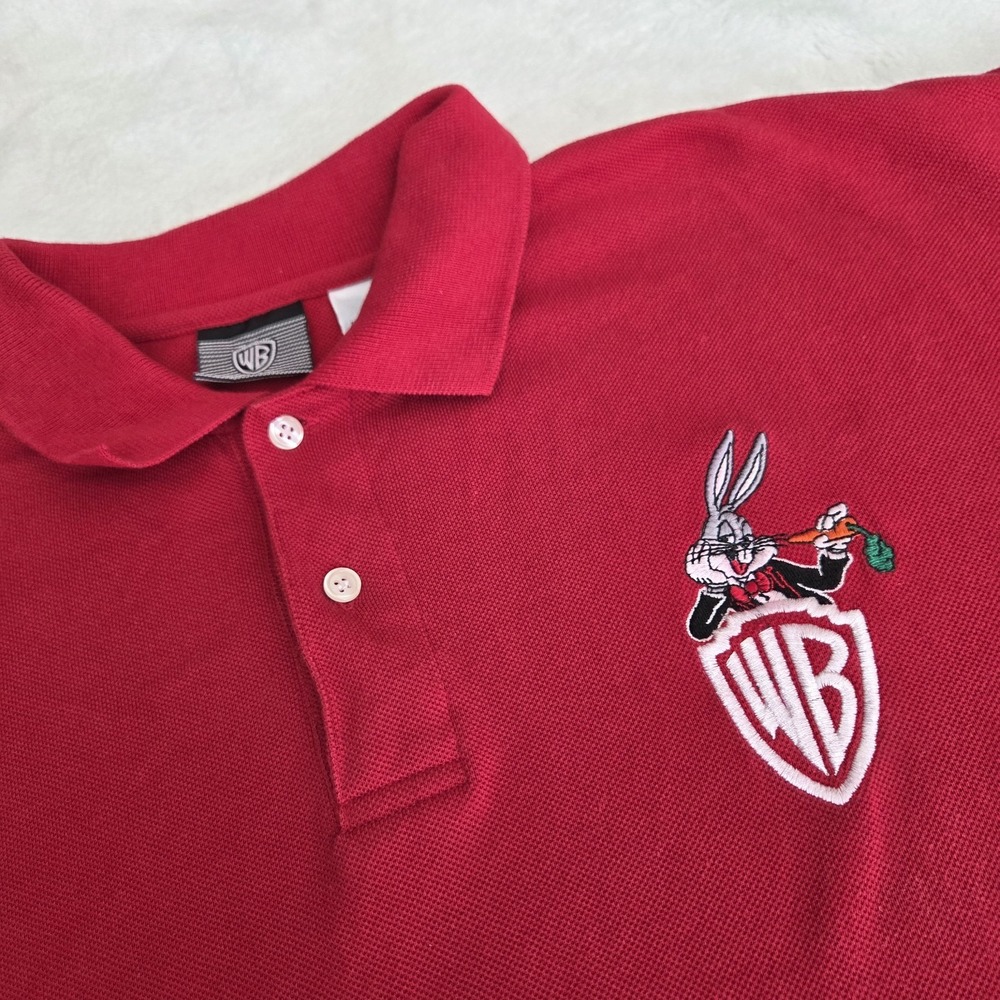Vtg 90s Warner Brothers Bugs Bunny Looney Tunes Embroidered Red Polo Shirt XL...
